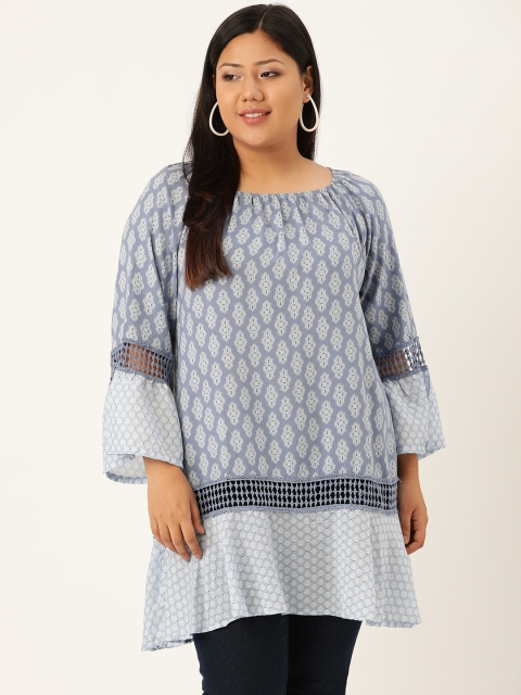 

Revolution Plus Size Women Blue Lace Printed Longline A-Line Top