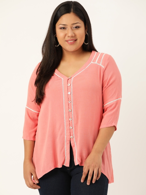 

Revolution Plus Size Women Peach-Coloured Lace Solid High-Low Top