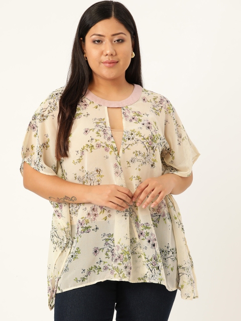 

Revolution Plus Size Women Cream-Coloured Green Floral Print Kaftan Top