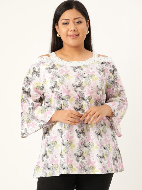 

Revolution Plus Size Women Off White Pink Butterfly Print Cold-Shoulder Top
