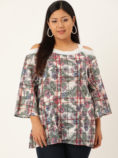 

Revolution Plus Size Women Off-White Green Tropical Printed Cold-Shoulder Top