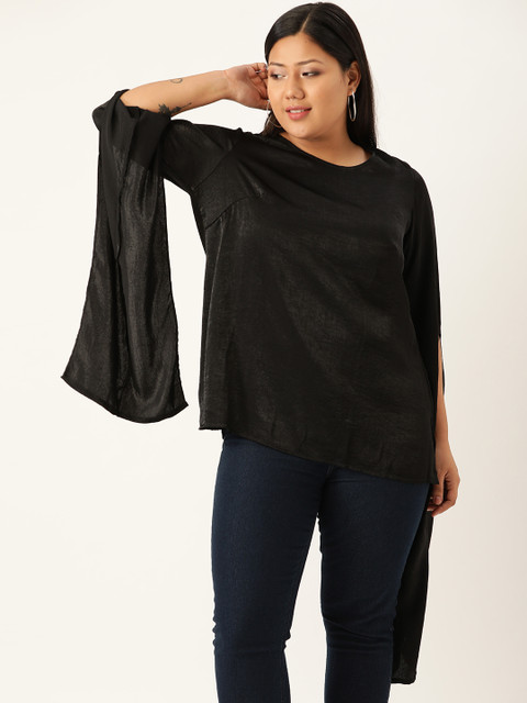 

Revolution Plus Size Women Black Satin Finish Solid Long Slit Sleeves Top