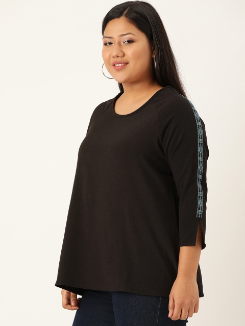 

Revolution Plus Size Women Black Lace Solid Raglan Sleeves Top