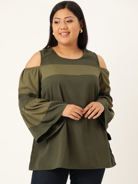

Revolution Plus Size Women Olive Green Solid Cold-Shoulder Top