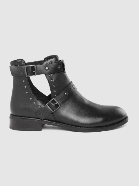 

Roadster Women Black Solid Mid-Top Flat Boots with Cut Out Detail