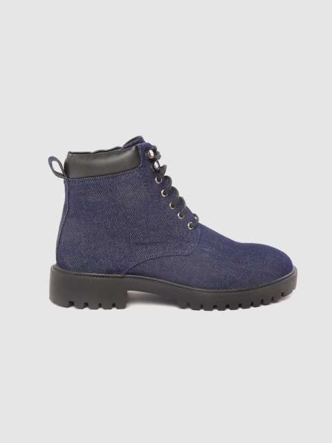 

Roadster Women Navy Blue Solid Mid-Top Denim Flat Boots