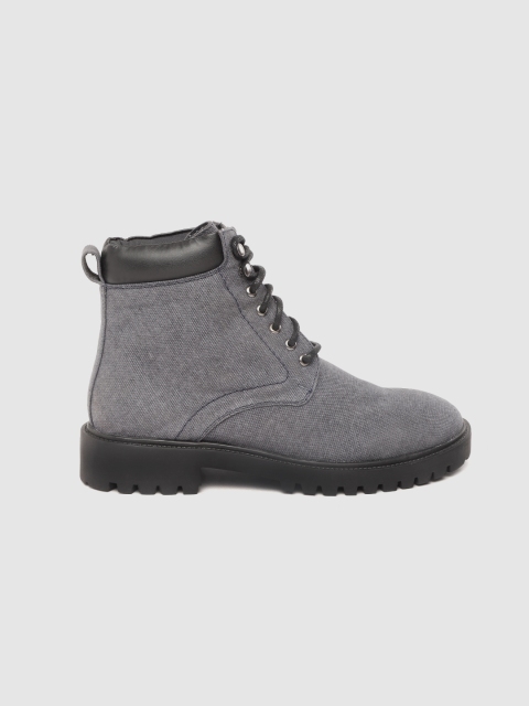 

Roadster Women Charcoal Grey Solid Denim Mid-Top Flat Boots