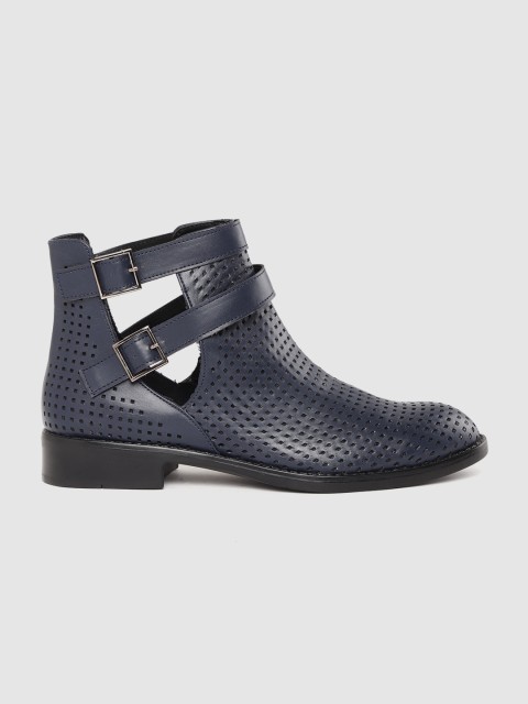 

Roadster Women Navy Blue Lazer-Cuts Mid-Top Flat Boots with Cut Out Detail