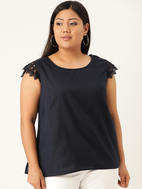 

Revolution Plus Size Women Navy Blue Linen Solid Top
