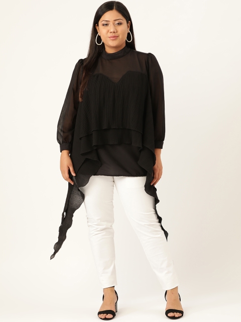 

Revolution Plus Size Women Black Solid Semi-Sheer Accordian Pleat Layered A-Line Top