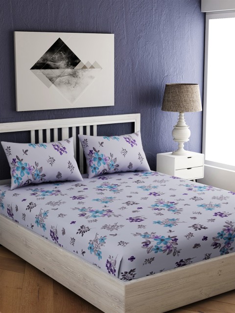 

EverHOME Blue & Purple Floral 144 TC Cotton 1 Queen Bedsheet with 2 Pillow Covers