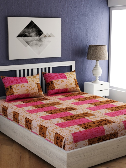 

EverHOME Cream-Coloured & Brown Floral 144 TC Cotton 1 Queen Bedsheet with 2 Pillow Covers