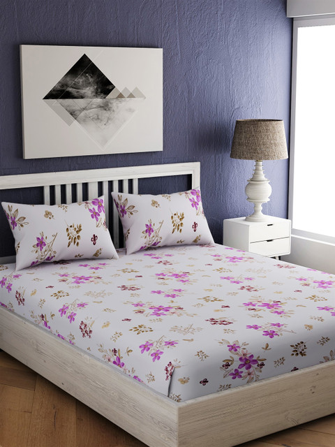 

EverHOME White & Purple Floral 144 TC Cotton 1 Queen Bedsheet with 2 Pillow Covers