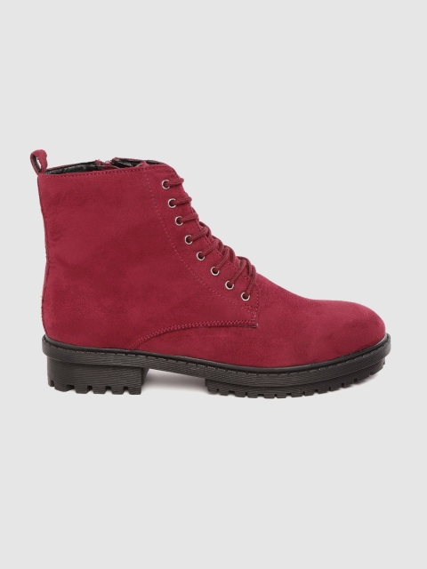 

Roadster Women Maroon Solid Mid-Top Flat Boots with Suede Finish