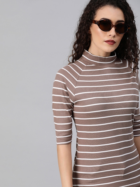

Roadster Women Beige & White Striped High Neck T-shirt