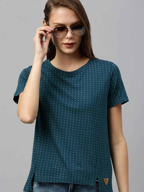

Roadster Women Teal Blue & White Printed High-Low Knitted Top