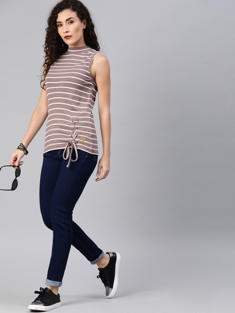 

Roadster Women Mauve & White Striped Top with Tie-Ups