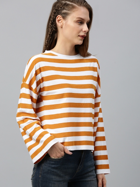 

Roadster Women White & Mustard Yellow Striped Drop-Shoulder Round Neck T-shirt