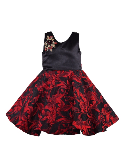

Wish Karo Girls Red & Black Self-Design Fit and Flare Satin Dress