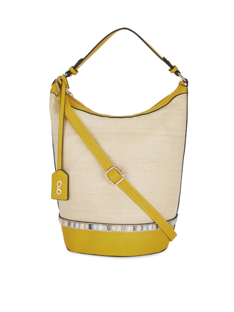 

Global Desi Beige & Yellow Colourblocked Handheld Bag