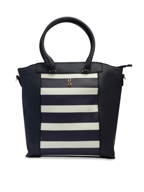 

Global Desi Navy Blue & Off-White Striped Handheld Bag