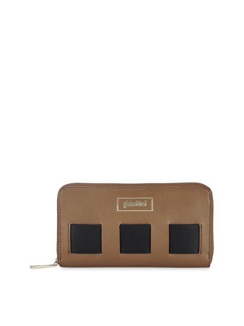 

Global Desi Women Tan Brown & Black Colourblocked Zip Around Wallet