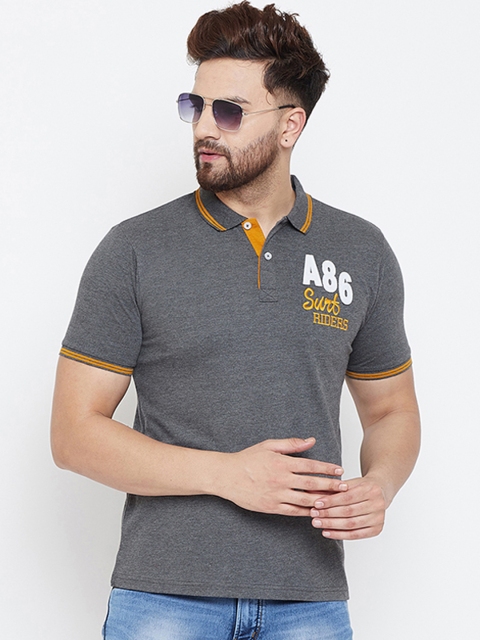 

Austin wood Men Charcoal Grey Printed Polo Collar T-shirt