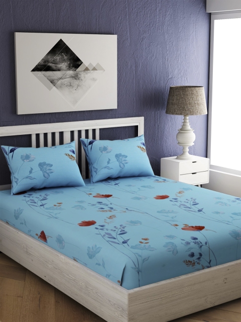 

EverHOME Blue & Red Floral 210 TC Cotton 1 Queen Bedsheet with 2 Pillow Covers