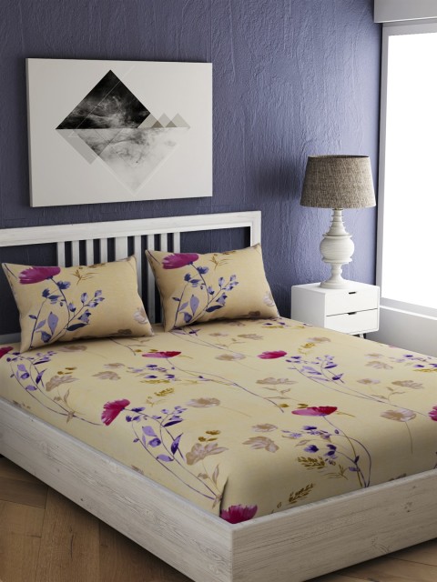 

EverHOME Cream-Coloured & Pink Floral 210 TC Cotton 1 Queen Bedsheet with 2 Pillow Covers