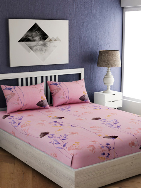 

EverHOME Pink Floral 210 TC Cotton 1 Queen Bedsheet with 2 Pillow Covers