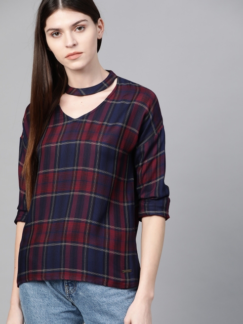 

Roadster Women Navy Blue & Maroon Choker Neck Checked Top
