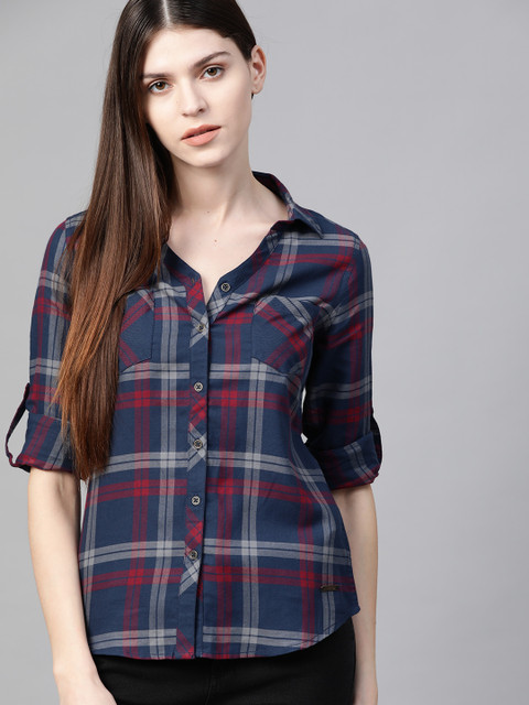 

Roadster Women Navy Blue & Red Regular Fit Checked Casual Shirt, Teal