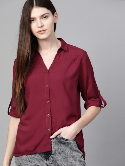 

Roadster Women Burgundy Regular Fit Solid High-Low Casual Shirt
