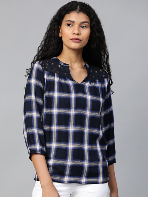 

Roadster Women Navy Blue & White Lace Checked Top