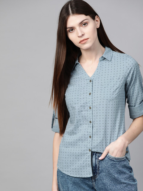 

Roadster Women Blue & Black Regular Fit Printed Casual Shirt