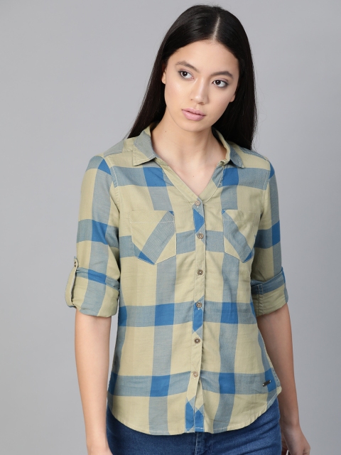 

Roadster Women Beige & Blue Regular Fit Checked Casual Shirt