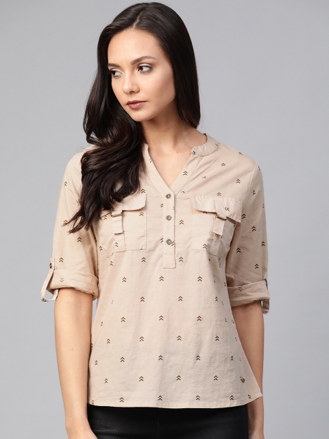 

Roadster Women Beige & Brown Geometric Printed Shirt Style Pure Cotton Top