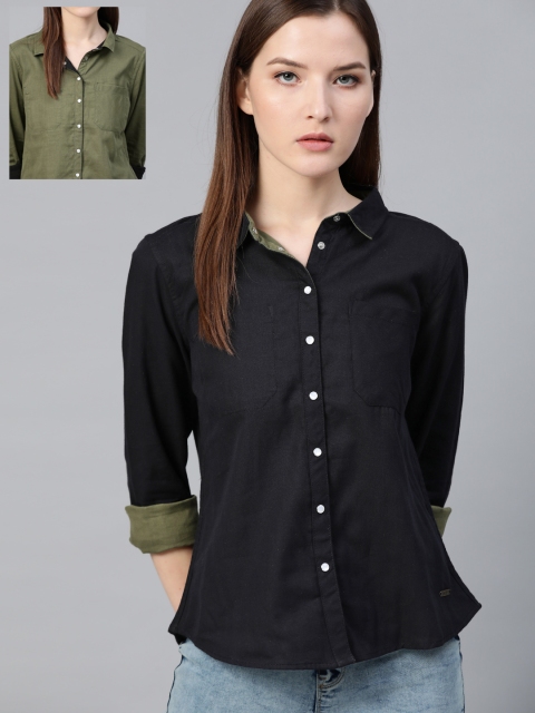 

Roadster Women Black & Olive Green Reversible Regular Fit Solid Casual Shirt