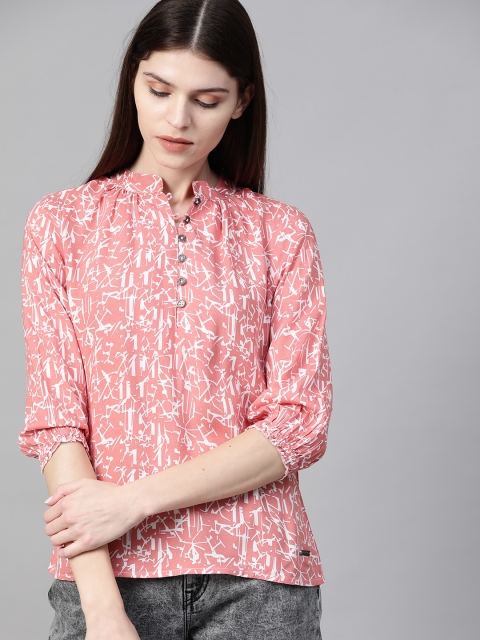 

Roadster Women Peach-Coloured & White Printed Top