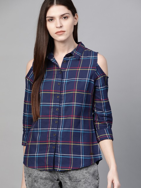 

Roadster Women Navy Blue & Red Checked Cold Shoulder Casual Shirt