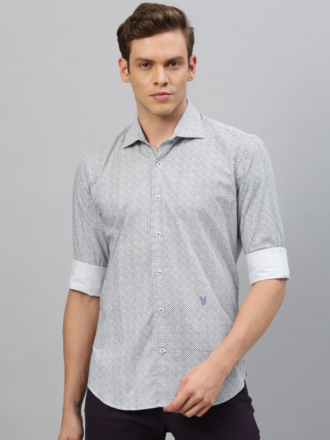 

RARE RABBIT Men White & Navy Blue Tailored Fit Printed Casual Shirt