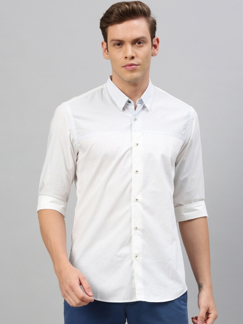 

RARE RABBIT Men White & Blue Tailored Fit Striped Casual Shirt