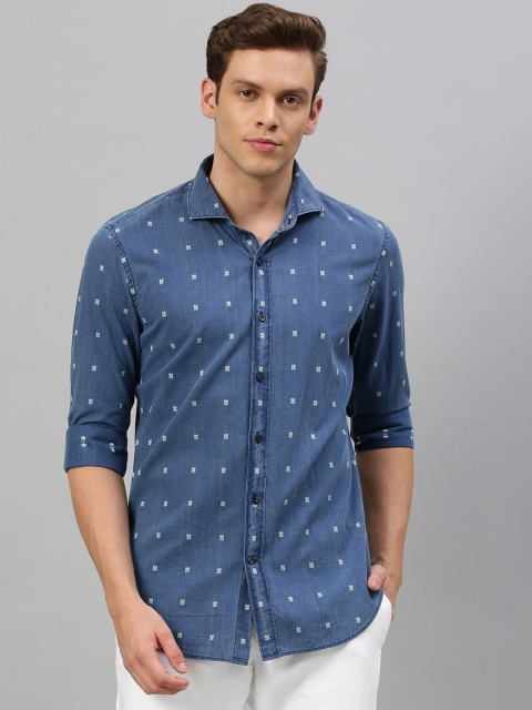 

RARE RABBIT Men Blue & White Tailored Fit Printed Casual Denim Shirt