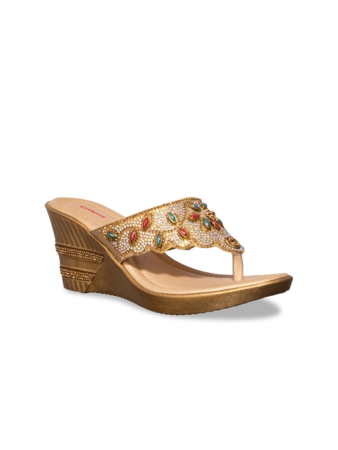 

Khadims Women Gold-Toned & White Embellished Wedges