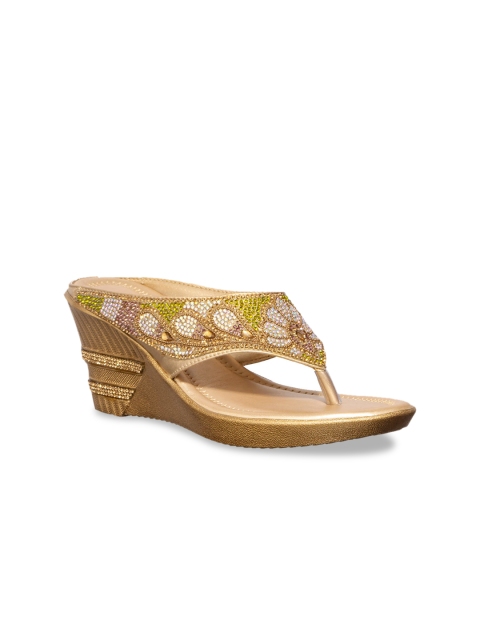 

Khadims Women Gold-Coloured & White Embellished Wedges