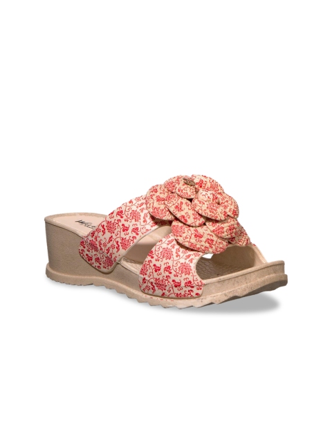 

Khadims Women Cream-Coloured & Pink Printed Wedges