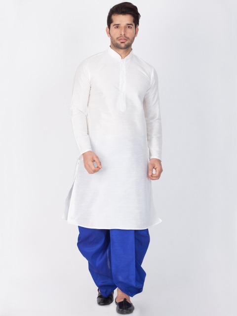 

VASTRAMAY Men White & Blue Solid Kurta with Dhoti Pants