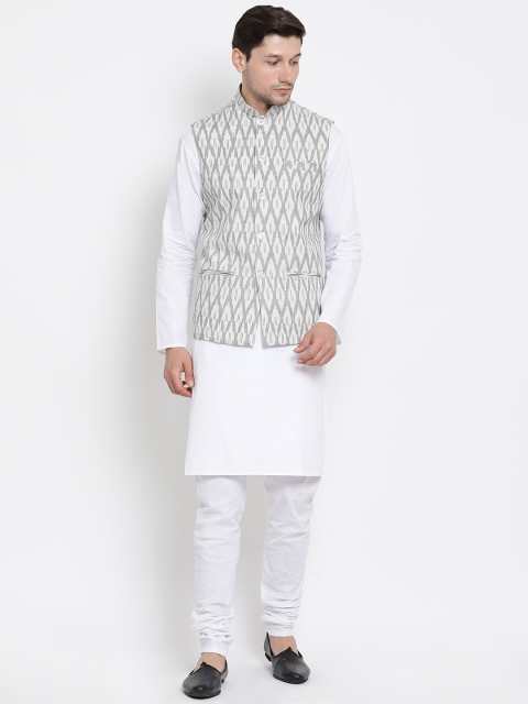 

VASTRAMAY Men White Self Design Kurta with Churidar & Nehru Jacket