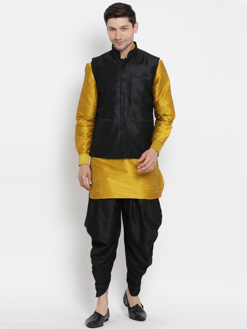 

VASTRAMAY Men Mustard Yellow & Black Solid Kurta with Dhoti Pants & Nehru Jacket