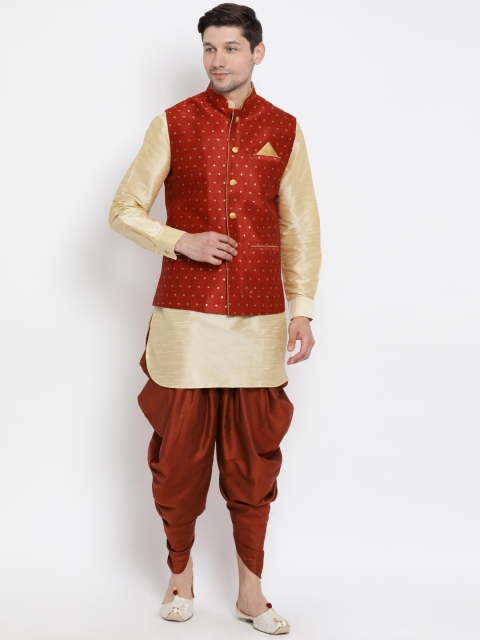 

VASTRAMAY Men Gold-Toned & Maroon Self Design Kurta with Dhoti Pants & Nehru Jacket